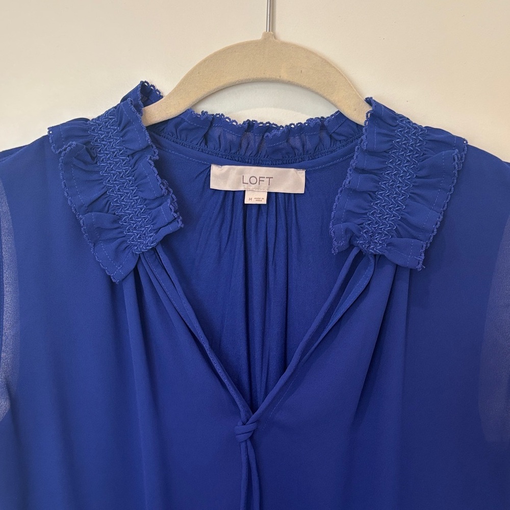 LOFT Deep Blue Ruffle Neck Blouse - Picture 2 of 4